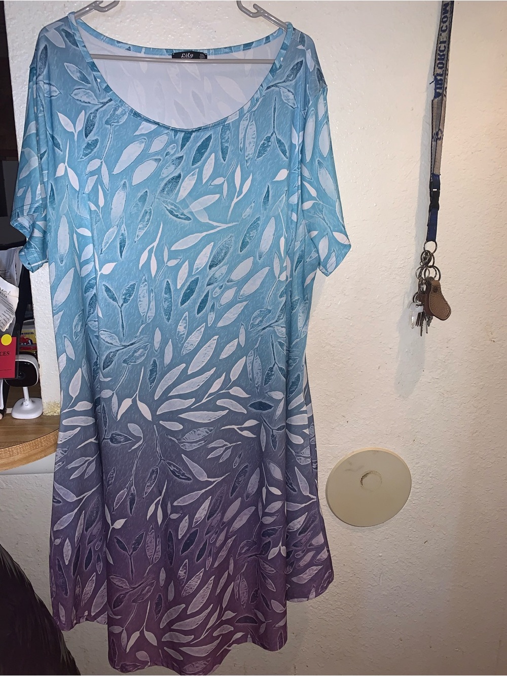 Lily Bleu Teal to Purple Ombre Leaf-Print Scoop Neck Tunic